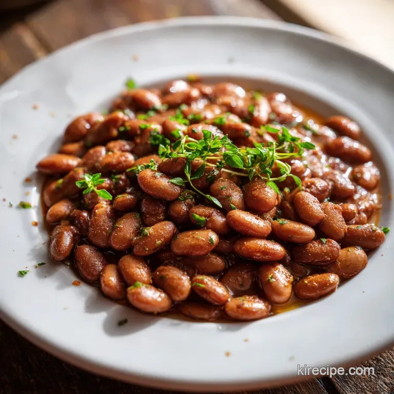 A rustic ceramic bowl overflowing with slow-cooked pinto beans, glistening with a savory broth.
