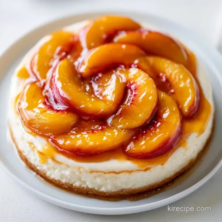 A plated slice of warm peach cake with a velvety cream cheese layer, garnished with a mint leaf on white porcelain.