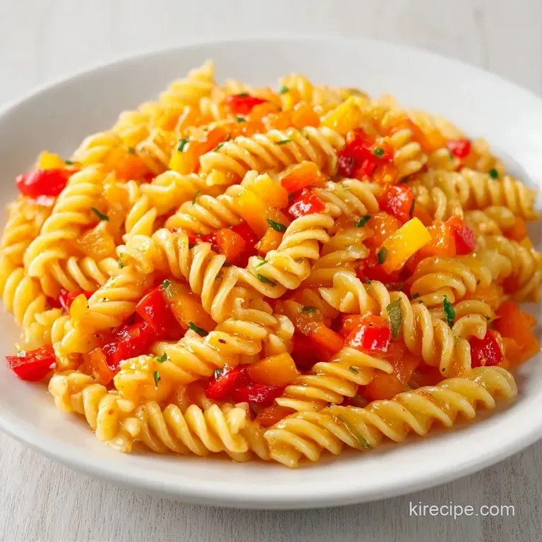Vibrant pasta tossed with crisp red and yellow peppers served in a modern white bowl on a bright, airy tabletop.