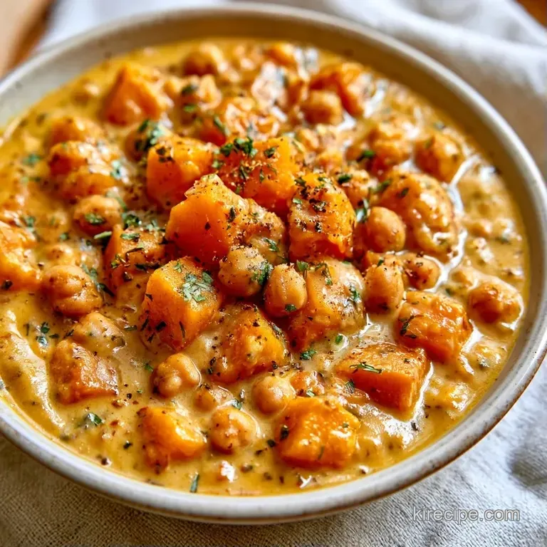 Vibrant orange curry in a ceramic bowl, topped with a swirl of white cream and bright green herbs on a wood table.