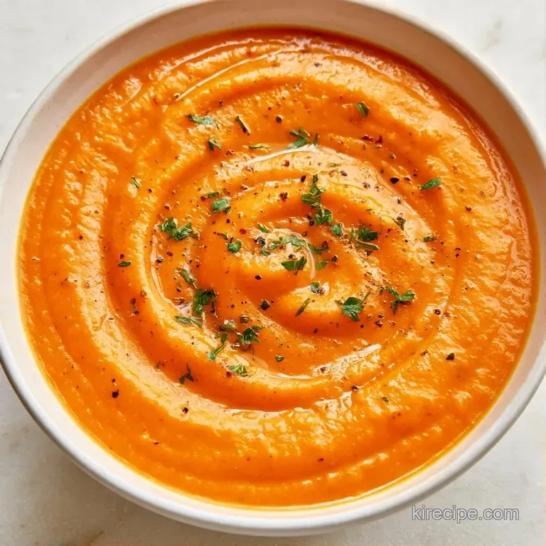 Vibrant orange puree in a white bowl garnished with a swirl of cream and a sprig of fresh green parsley on wood.