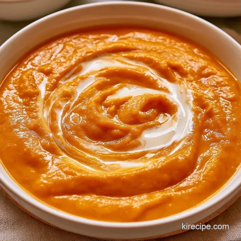 Silky orange soup in a modern white bowl accented with a swirl of white cr&egrave;me fra&icirc;che and fresh microgreens.