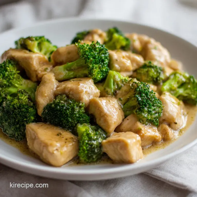 Elegant portion of creamy chicken and bright green broccoli on a white ceramic plate with a hint of fresh herbs.