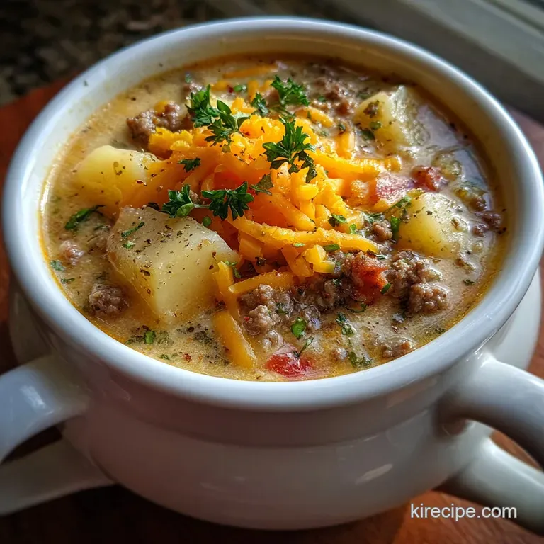 Creamy potato and hamburger soup swirled with cheddar, garnished with herbs in a rustic bowl, inviting and comforting.