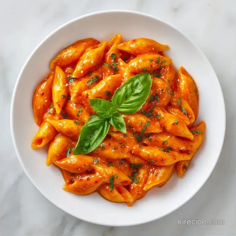 Elegant swirl of pasta in orange-red sauce, topped with shaved parmesan and microgreens on a dark slate plate.