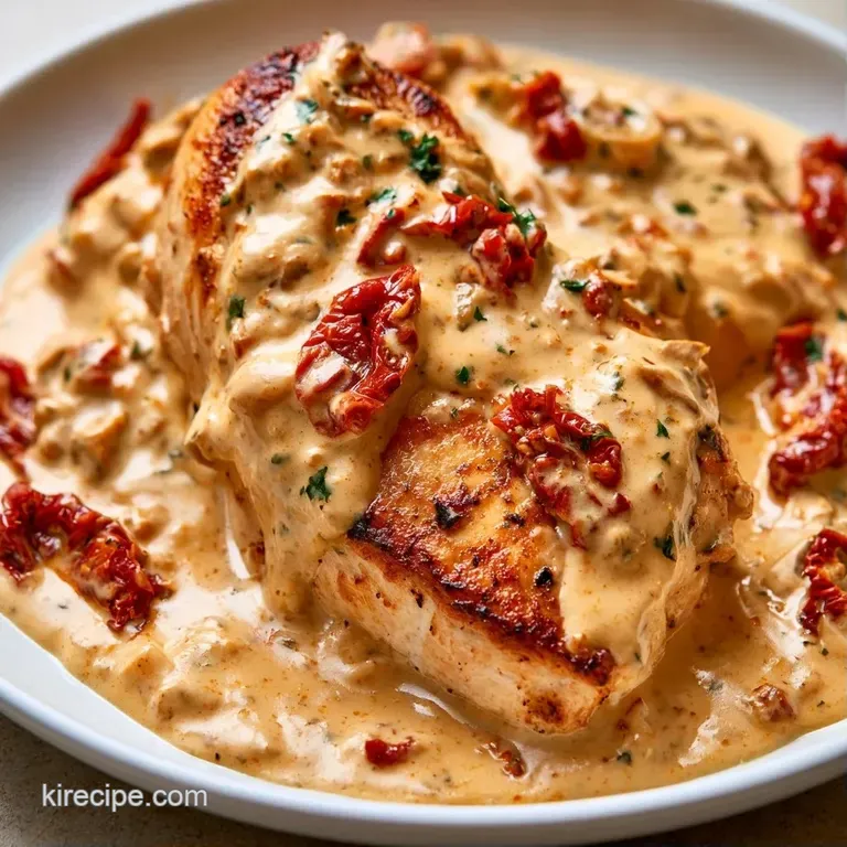 Sliced juicy chicken breast on a white platter with a velvety cream sauce and vibrant red sun-dried tomato accents.