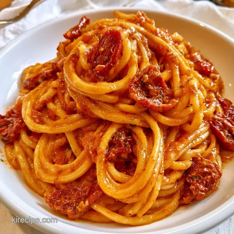 Elegant swirl of pasta coated in a rich orange sauce, garnished with basil and parmesan in a ceramic bowl.