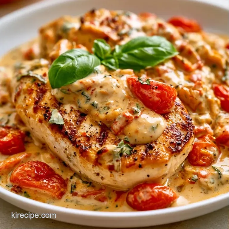 Two golden chicken breasts topped with blistered red tomatoes and fresh basil leaves on a rustic ceramic plate.