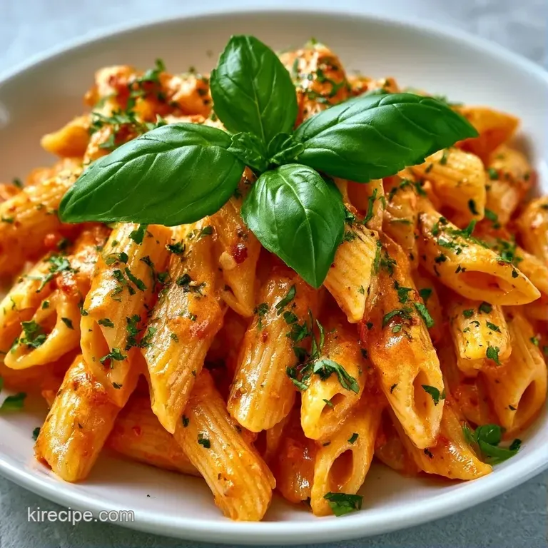 Twirled pasta coated in a rich, orange sauce, topped with a sprig of fresh basil and shaved parmesan on a dark plate.