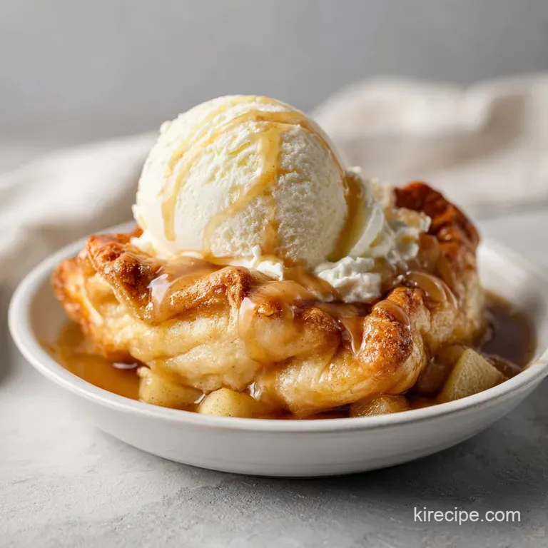 Warm apple dumplings nestled on a white plate, drizzled with rich caramel sauce.