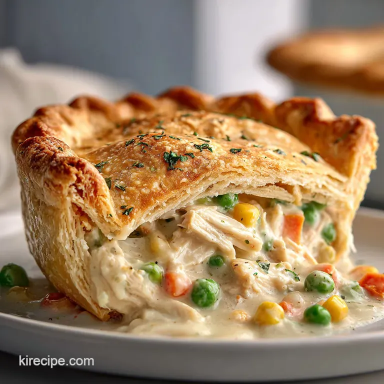 A slice of warm chicken pot pie with flaky crescent crust, steam rising, showcasing the rich, creamy filling with visible ...
