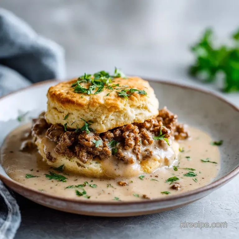 Buttery biscuit halves topped with a generous serving of seasoned ground beef, garnished with fresh parsley on a white pla...