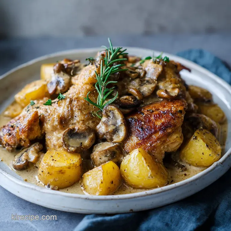 Plated chicken and potatoes drizzled with sauce, garnished with herbs. Tender chicken and glistening vegetables are visible.