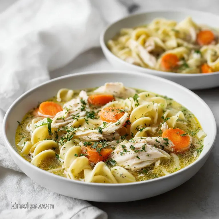 A rustic bowl brimming with golden chicken noodles, garnished with fresh green herbs, invitingly presented.