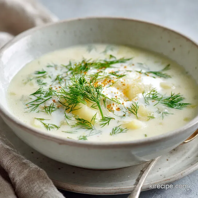 Elegant bowl of Kulajda soup featuring a swirl of cream, fresh dill, and a perfectly poached egg with a runny yolk.