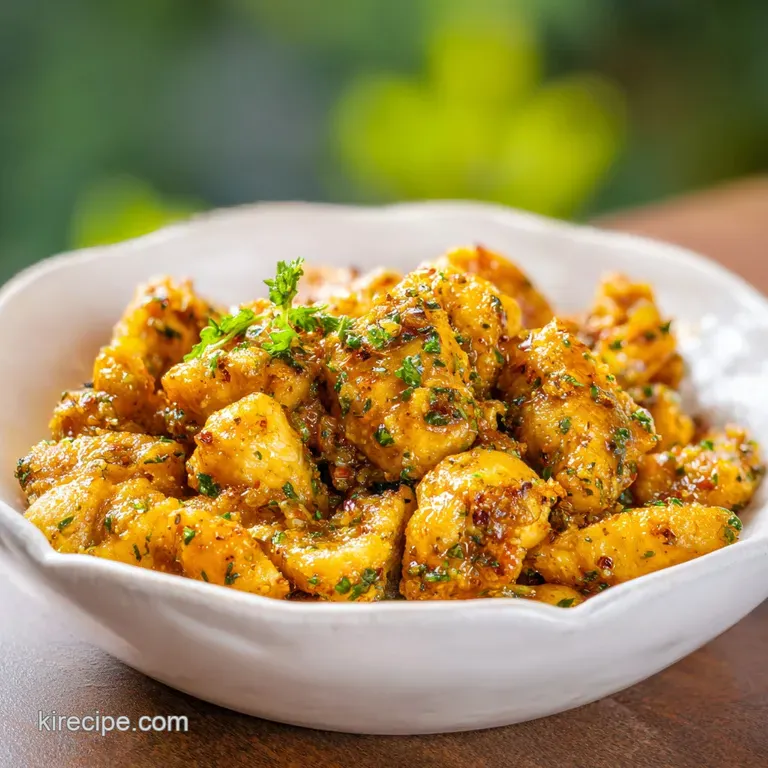 Perfectly arranged diced chicken and herbs glistening on a white plate, appetizing and delicious with vibrant colors.