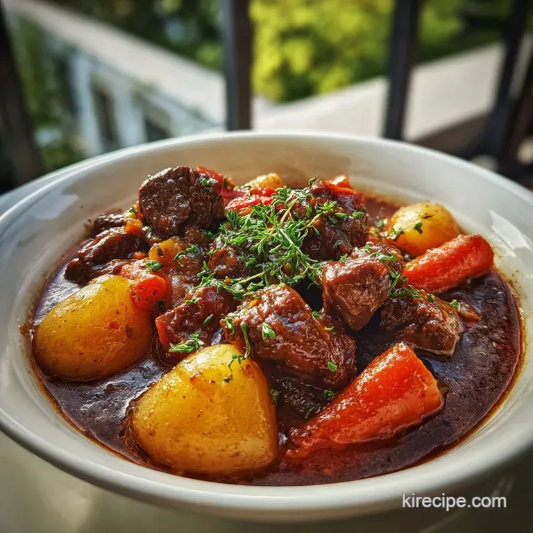 A porcelain bowl filled with beef stew, garnished with fresh parsley. A warm, comforting meal, presented beautifully.