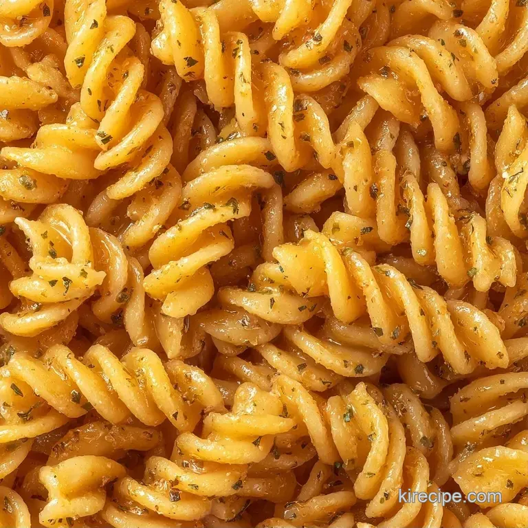 Chilled pasta spirals elegantly swirled in a white bowl, topped with a sprig of fresh basil and cracked black pepper.