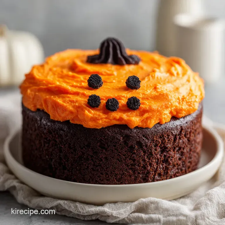 Slice of moist chocolate cake with a generous layer of bright orange frosting; powdered sugar dusts the dark plate for con...