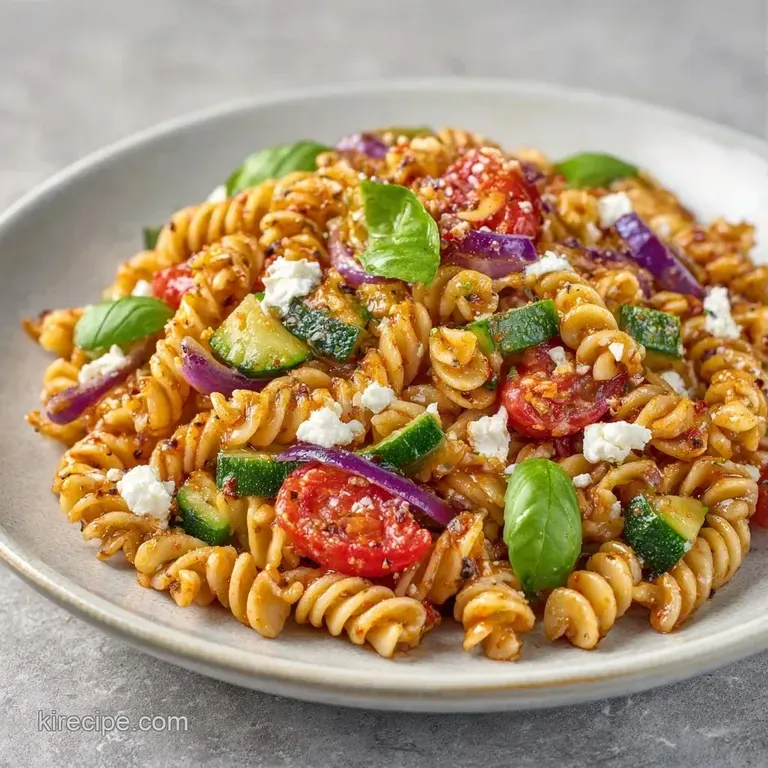 A white ceramic bowl filled with spiraled pasta, crumbled feta, and sliced lemons topped with fresh green herbs.