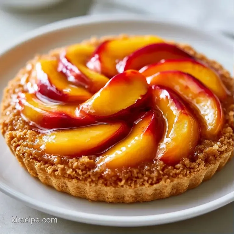 A slice of golden peach dessert on a white plate, accented by a swirl of whipped cream and a sprig of fresh mint.