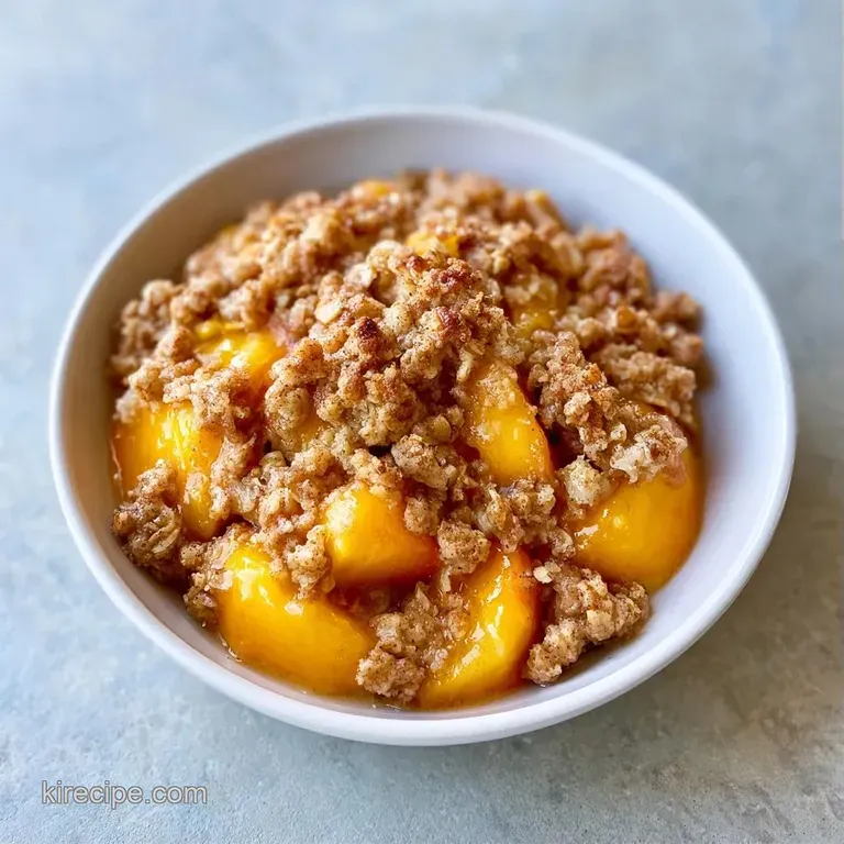 Warm scoop of golden fruit crumble topped with a melting dollop of vanilla ice cream in a white ceramic bowl.