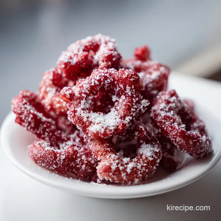 Elegant red velvet funnel cake on a plate, adorned with fresh raspberries and a delicate drizzle of white chocolate.
