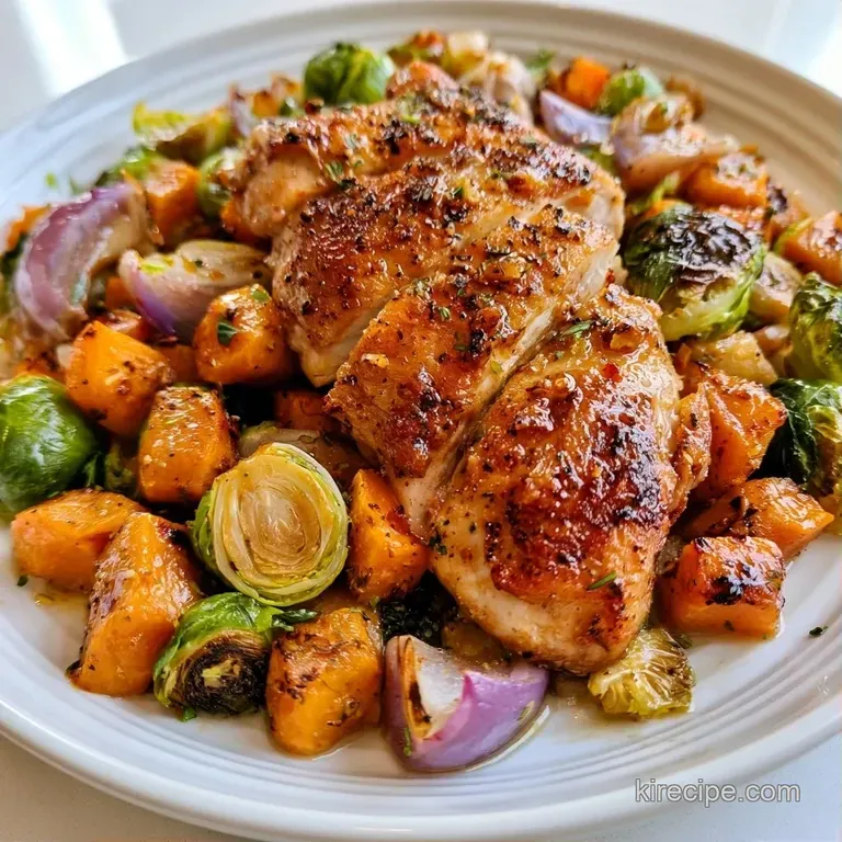 A perfectly seared chicken breast atop vibrant roasted roots, garnished with a sprig of fresh, bright green parsley.