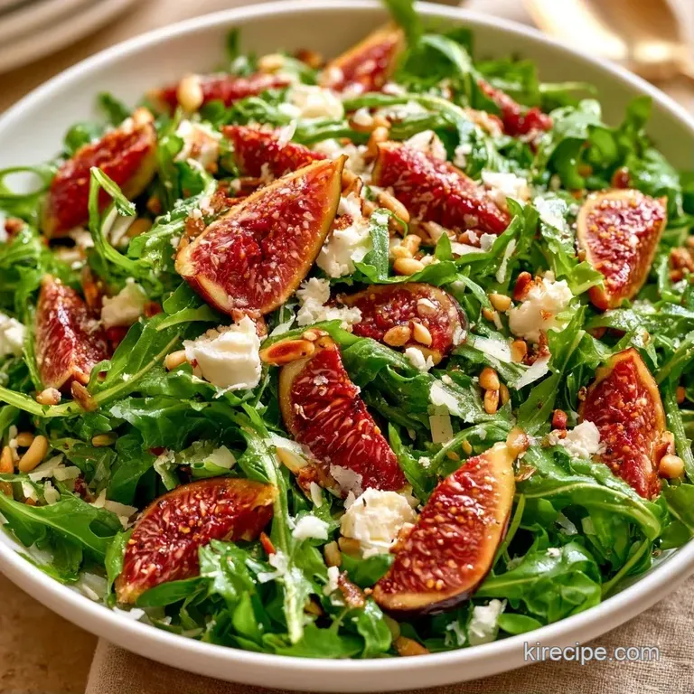 Artfully arranged purple fig slices and white cheese crumbles over a bed of peppery greens on a white ceramic plate.