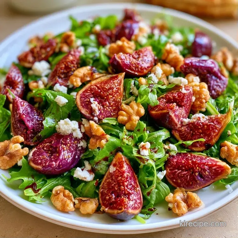 Vibrant salad on a white ceramic plate, drizzled with glossy balsamic glaze and topped with toasted walnut halves.