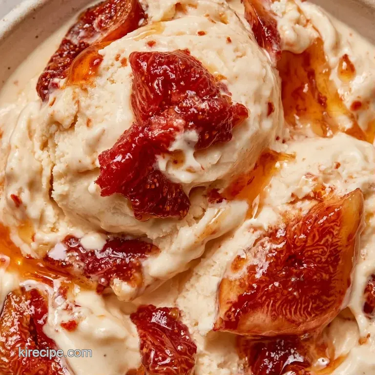 Two velvety scoops of pale purple frozen dessert drizzled with amber honey and topped with a fresh fig slice.