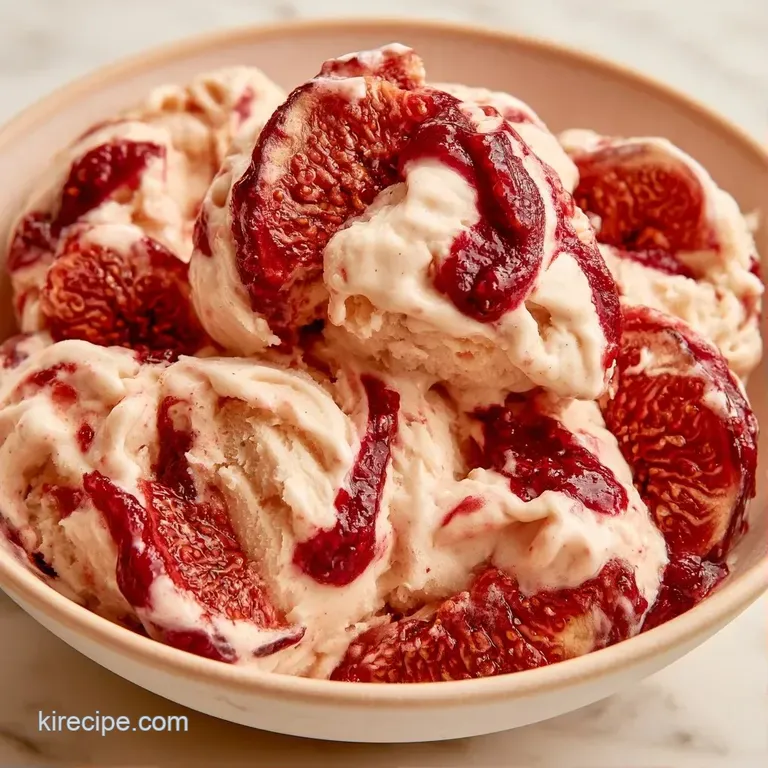 Elegant scoops of creamy beige ice cream garnished with a fresh fig wedge and honey drizzle on a marble slab.