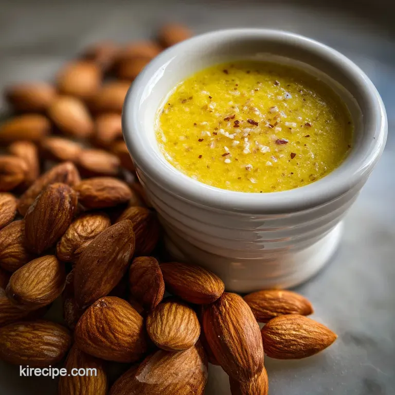 Bright orange sauce drizzled artfully over pale noodles, garnished with toasted almonds & ginger ribbons. A modern, appeti...