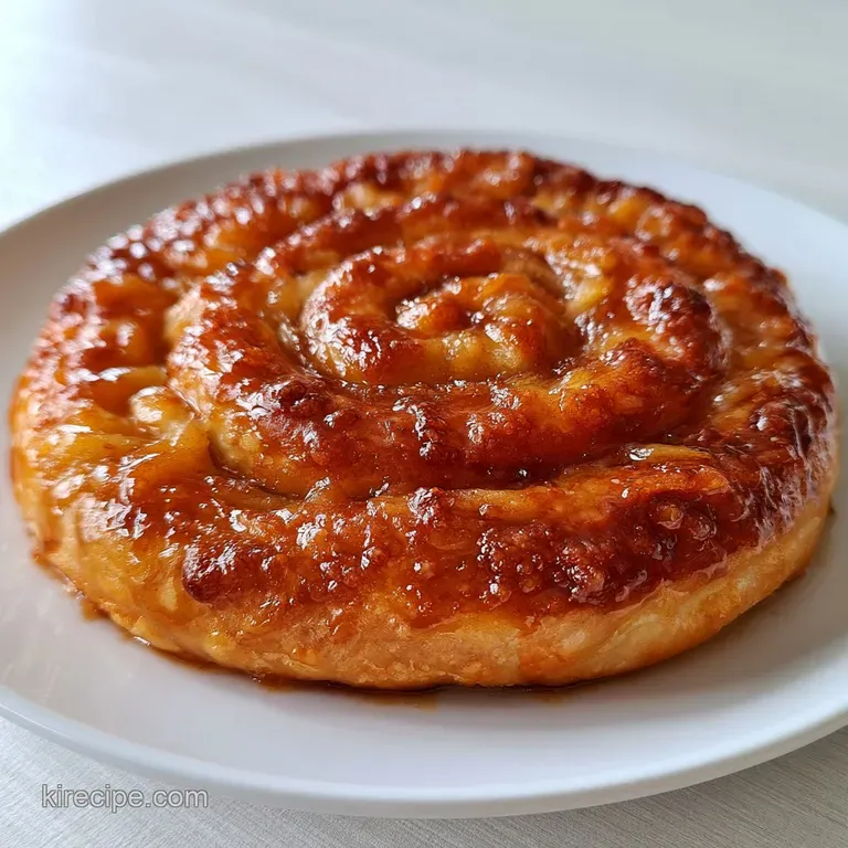 Elegant slice of golden-brown apple tart with a glossy finish, served on a white plate with fresh berries nearby.