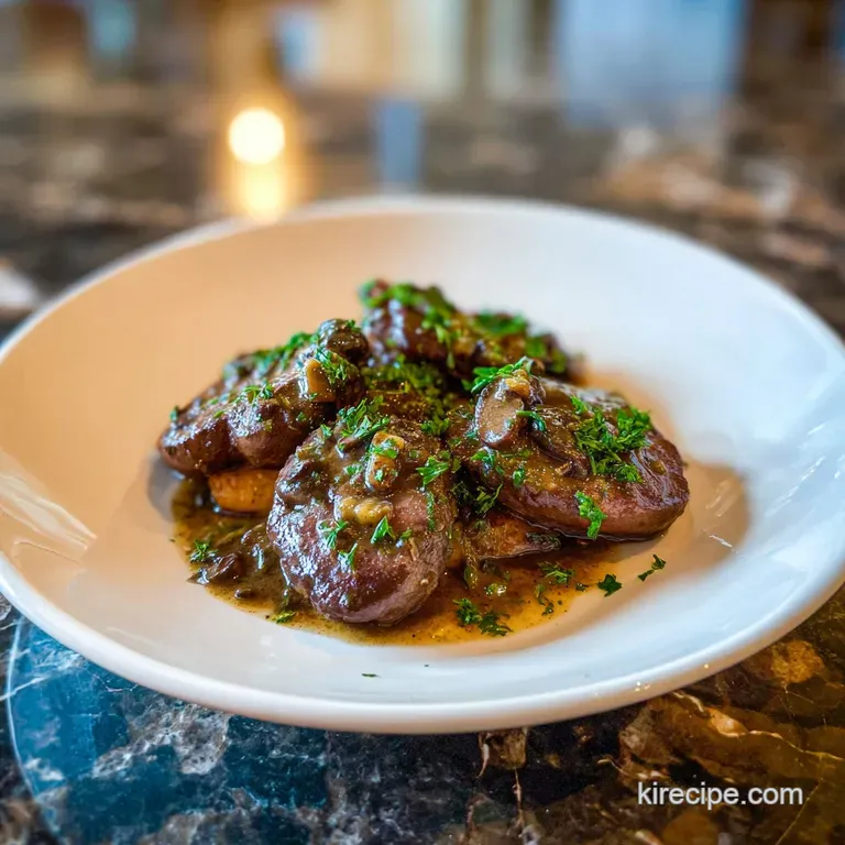 Tender beef kidney, simmered in wine sauce and artfully arranged on a white plate. Garnish of fresh parsley adds a pop of ...