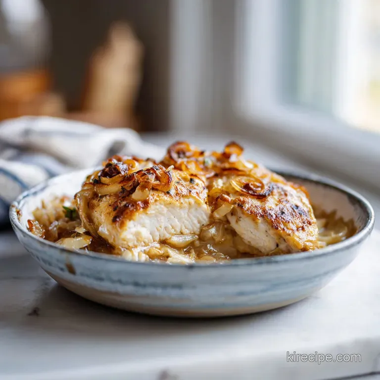 A rich, golden chicken breast topped with melted cheese, served with a side of glistening, soft onions.