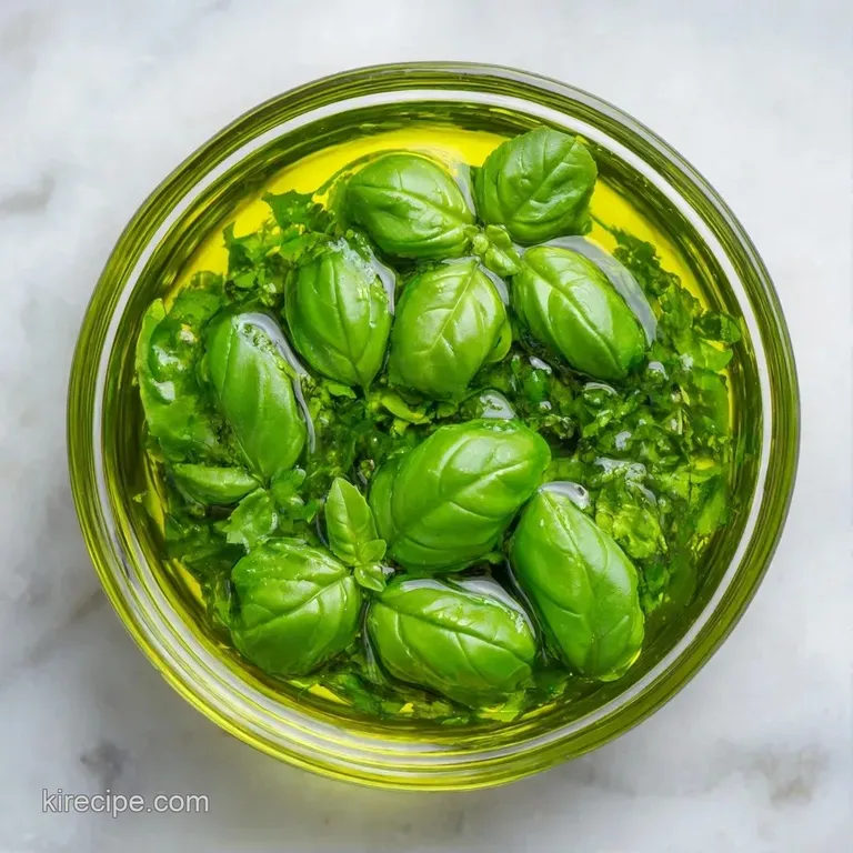 A small white ceramic bowl of emerald-green oil beside a crusty piece of toasted bread on a linen napkin.