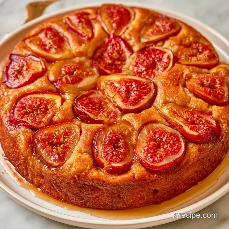 A slice of moist cake on a white ceramic plate, garnished with honey-glazed fig slices and a fresh mint leaf