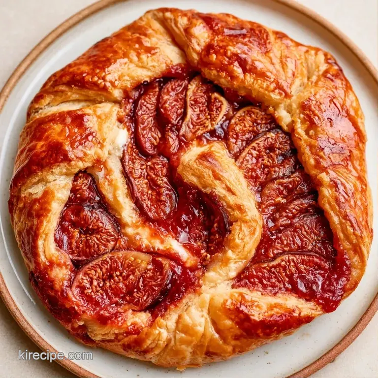 A slice of golden pastry topped with jammy purple figs on a white ceramic plate, dusted with powdered sugar.