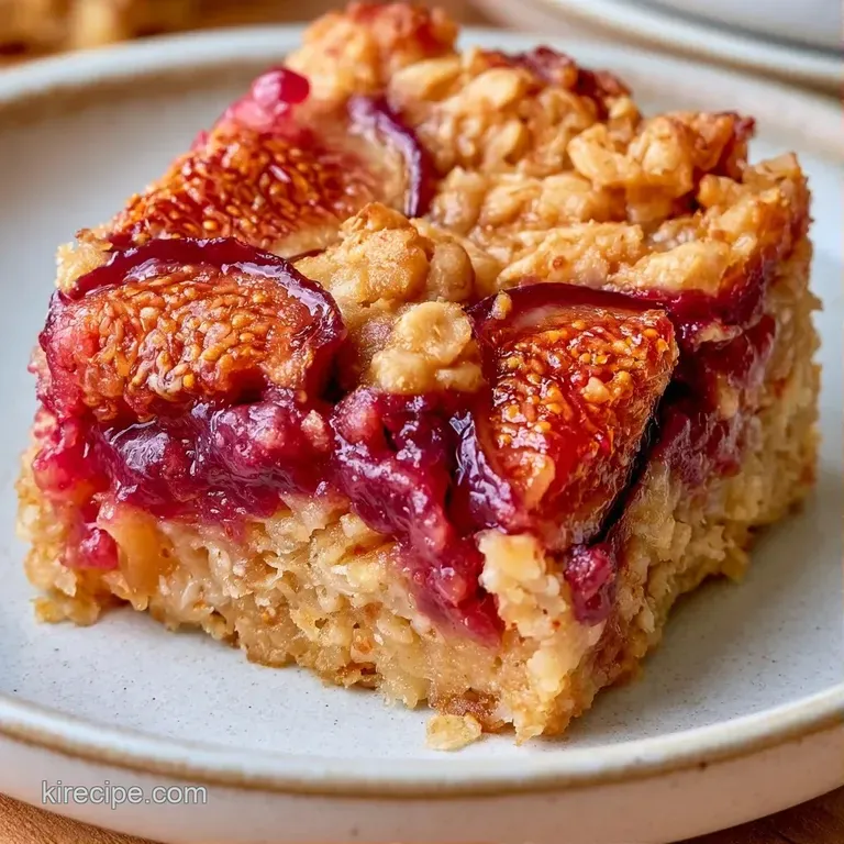 Stack of hearty oat squares with glistening fig pieces on a white ceramic plate with a dusting of powdered sugar.