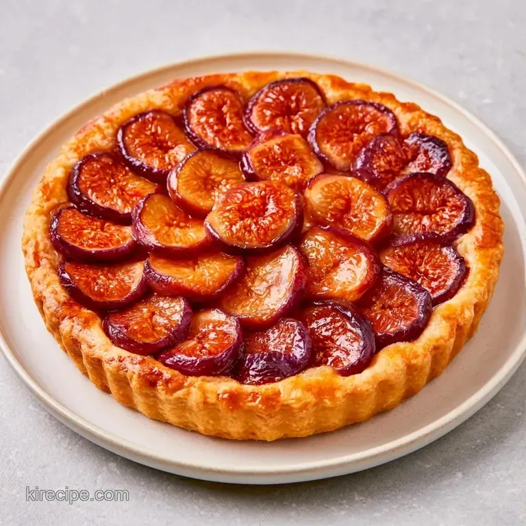 Slices of fruit tart arranged on a marble platter with fresh berries and a light dusting of powdered sugar