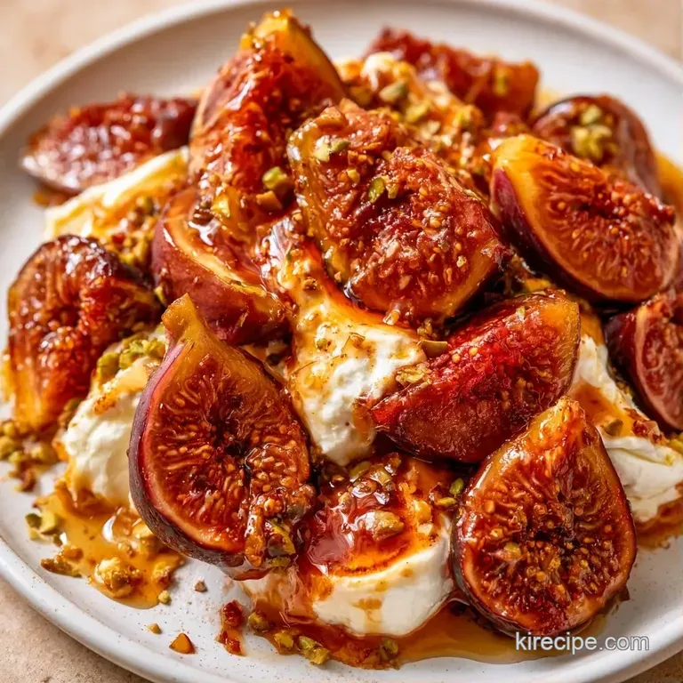 Purple fig halves filled with creamy white cheese, garnished with mint leaves on a sleek dark stone surface.