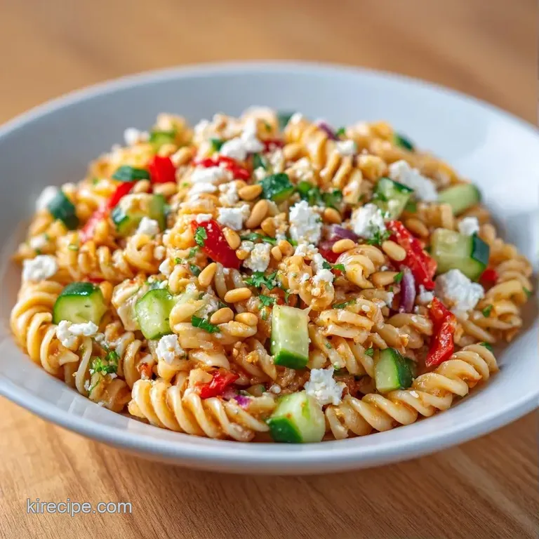 Colorful pasta tossed with garden herbs in a white porcelain bowl, garnished with fresh pepper and lemon wedges.