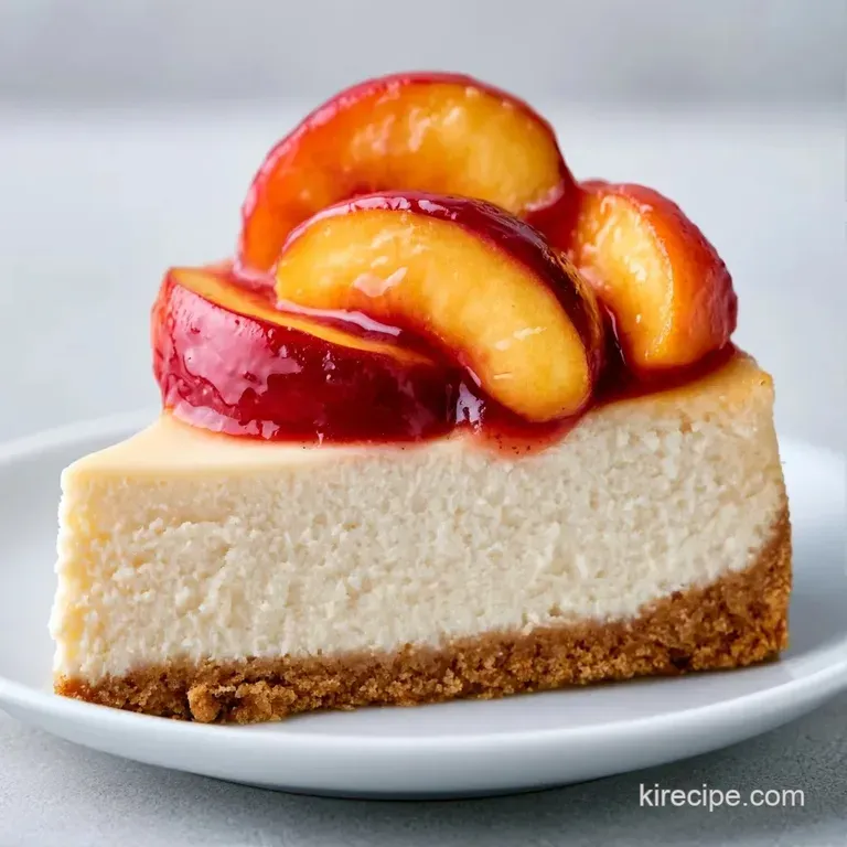 A slice of velvet-smooth cake topped with vibrant peach slices and a mint leaf on a white porcelain dessert plate.