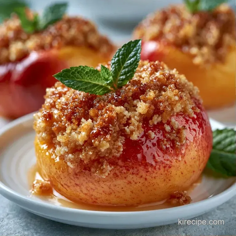A slice of warm peach crumble with a melting scoop of vanilla ice cream served on a clean white ceramic plate.