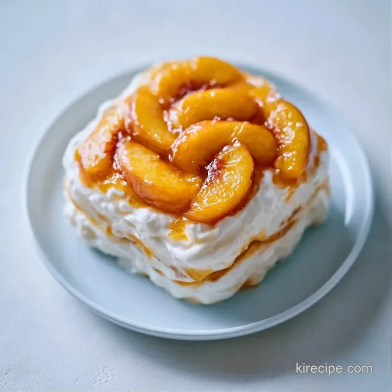 A neat slice of layered cream cake topped with a fresh peach wedge and a mint leaf on a minimalist white porcelain plate.