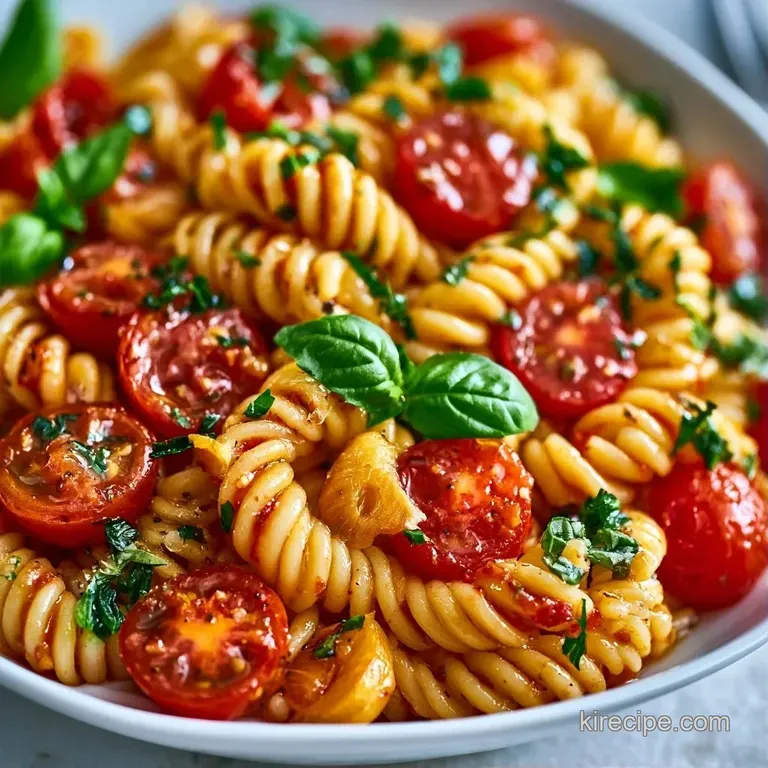 A swirl of golden pasta topped with bright red blistered tomatoes and a sprig of fresh basil on a matte black plate.