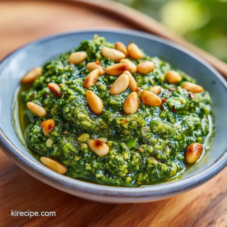 A swirl of bright green sauce on a white ceramic plate, garnished with a fresh basil leaf and toasted pine nuts.