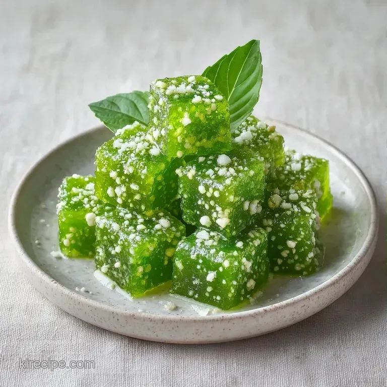 Symmetrical rows of translucent green herbal oil cubes arranged on a chilled marble slab with a light frost.
