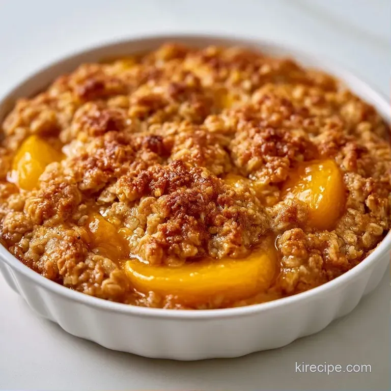 A scoop of melting vanilla ice cream atop a warm fruit crumble in a white ceramic ramekin on a linen cloth.